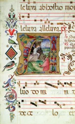 Historikerad initial A föreställande Maria Magdalena vid Kristi grav